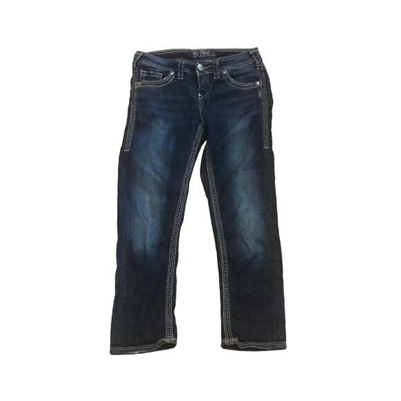 Silver Denim Capris Jeans Womens Size W25 Western Glove Works Embroidery Pockets - Picture 2 of 8